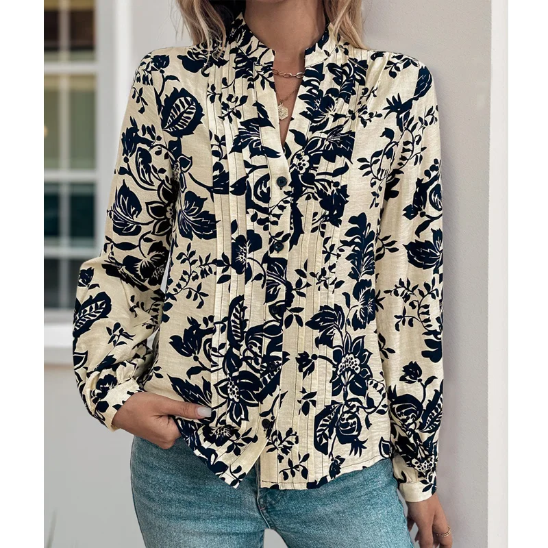 Fashion Autumn New Vintage Printed Shirt Long Sleeve Stand Up Collar Elegant Casual Women's Tops 2024 New Lady Blouses 30913