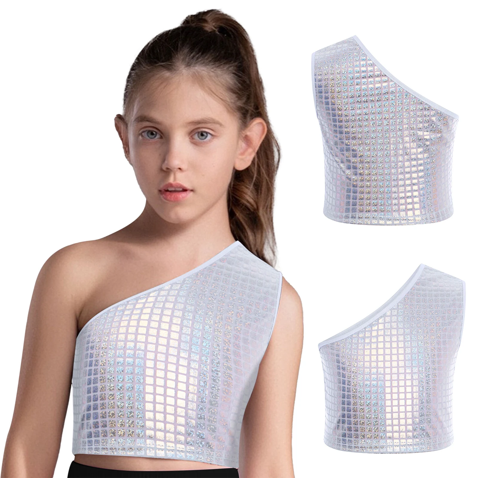 Traje de baile de Hip-Hop para niñas, chaleco a cuadros metálico con un hombro, Top corto sin mangas para baile de Jazz, ropa de baile moderna para Yoga y gimnasio