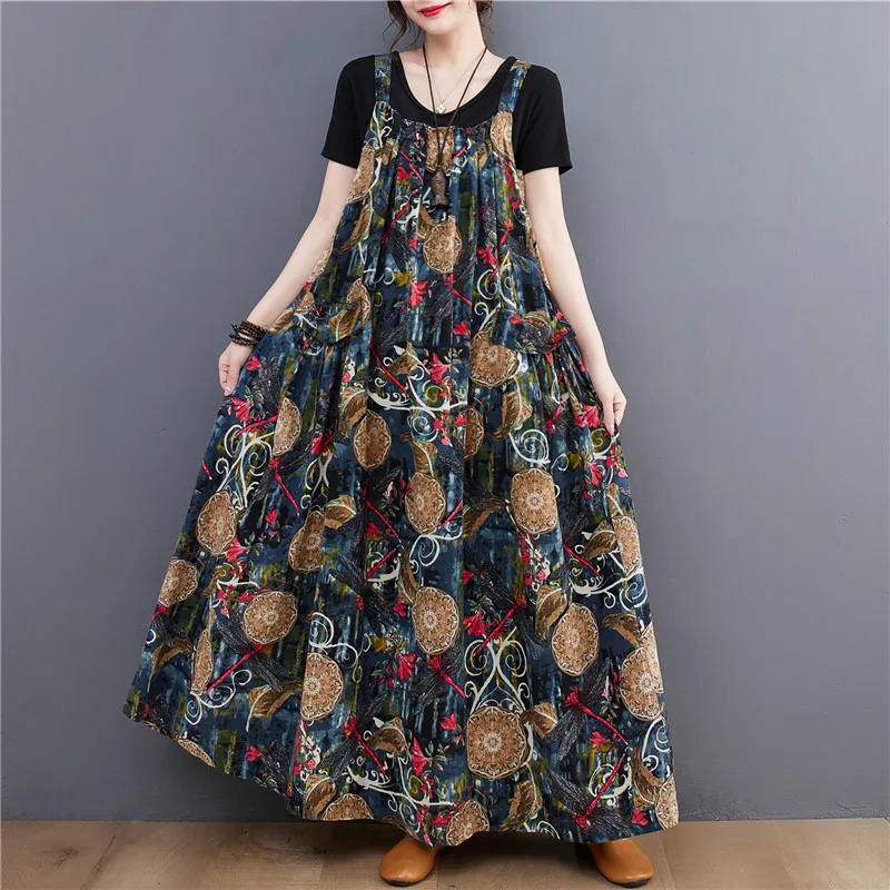 5094 Summer Fashion Ethnic Style Floral Printed Long Dress Loose Casual Large Swing Women Mom Daily Pullover Suspender Skirts