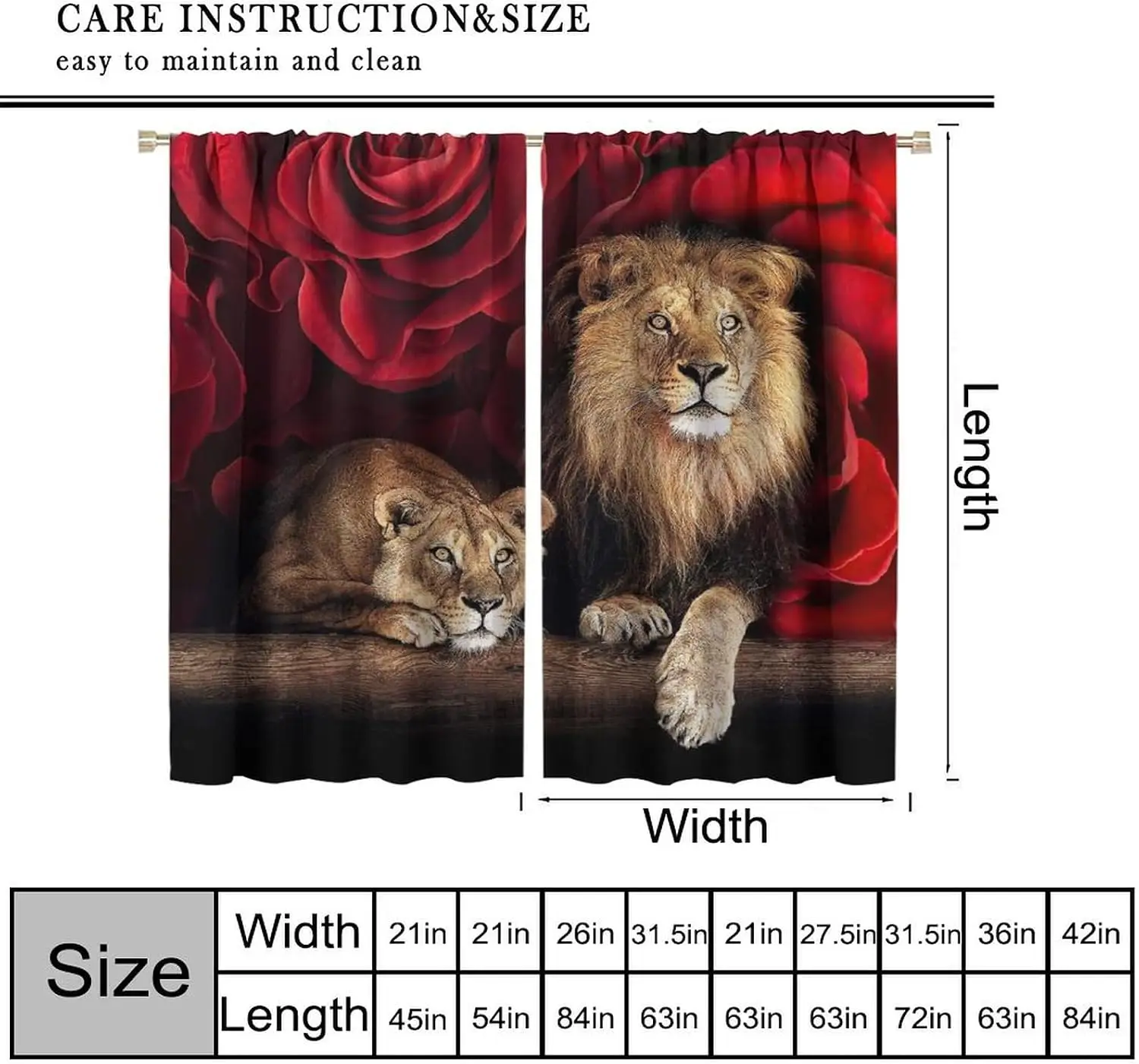 Realistic Lion Safari Art Curtains Panel Red Floral Printed Jungle Theme Window Drapery for Living Room Bedroom Decor