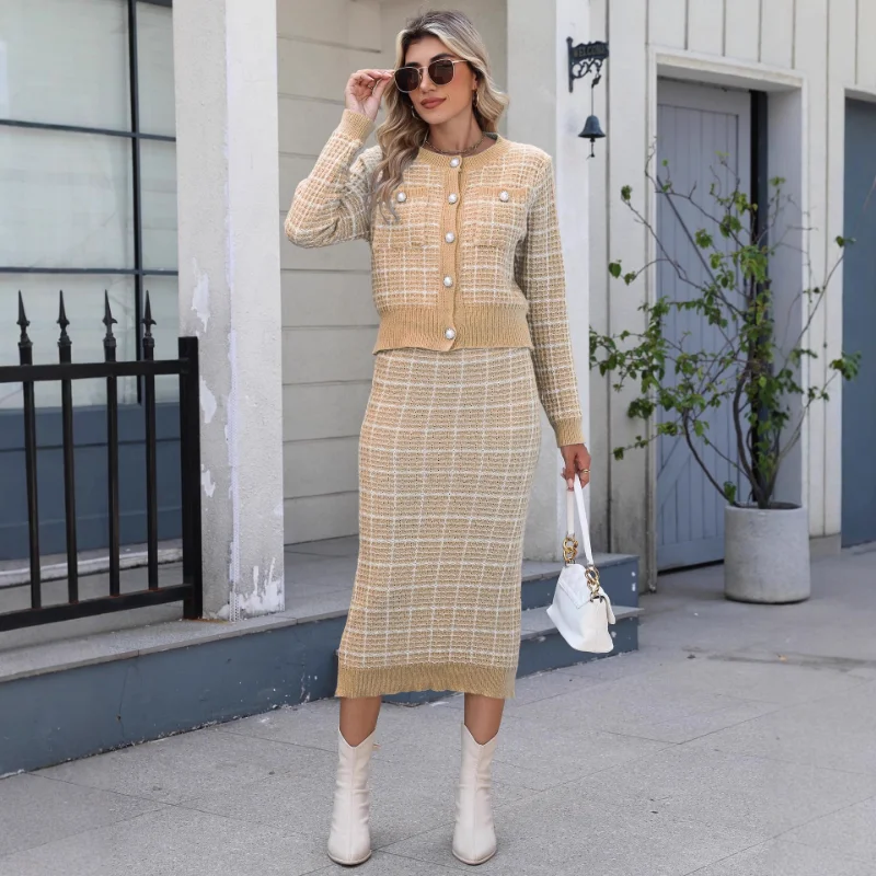 

Женский костюм, осенне-зимний контрастный клетчатый свитер, женский кардиган из двух частей, юбка на бедрах