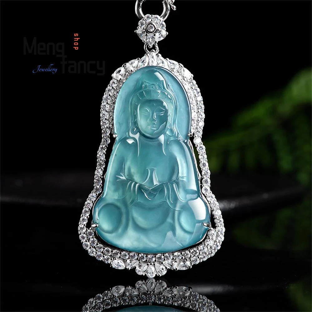 

Natural Jadeite Blue Water Goddess of Mercy S925 Silver Inlay Ice Jade Pendant Charm Fashion Women Couple Luxury Jewelry Mascot