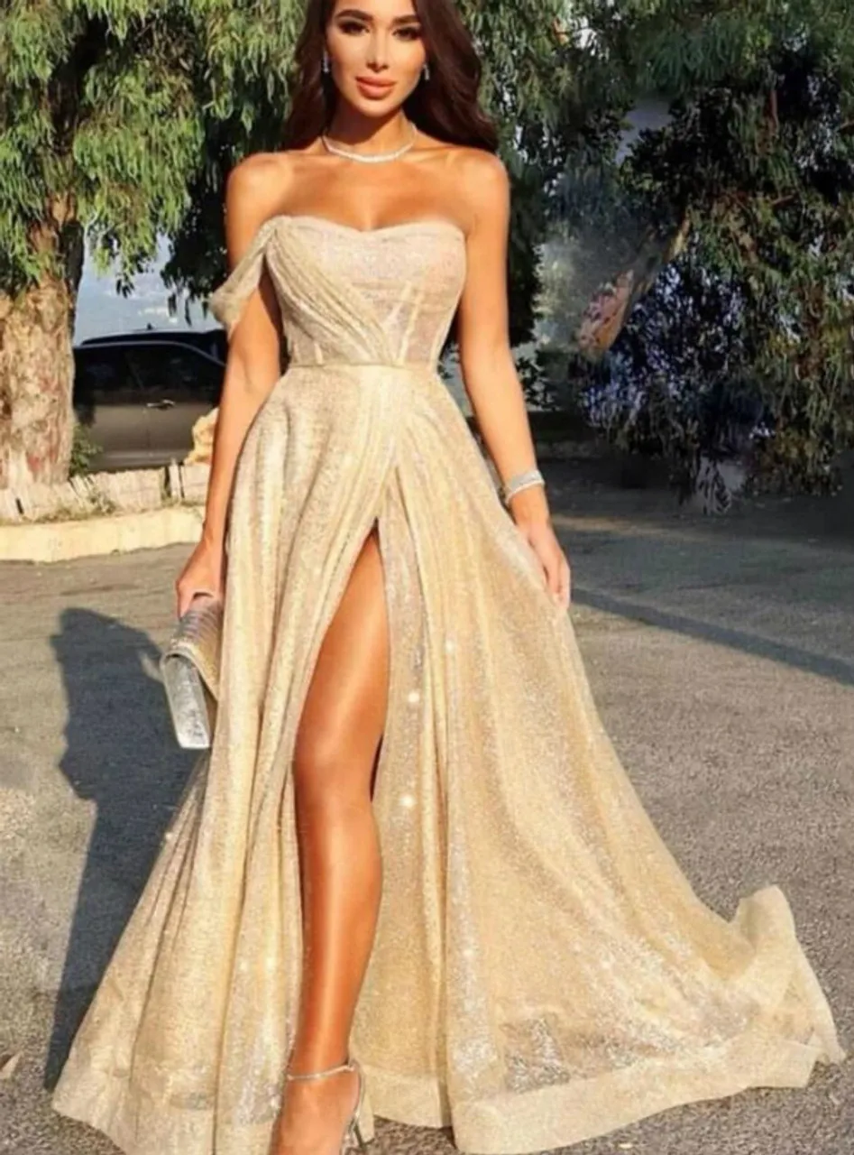 

Gold Prom Dresses Glitters Sparkly One Shoulder Sweetheart A Line Front Slit A Line Sweep Train Formal Party Evening Gowns