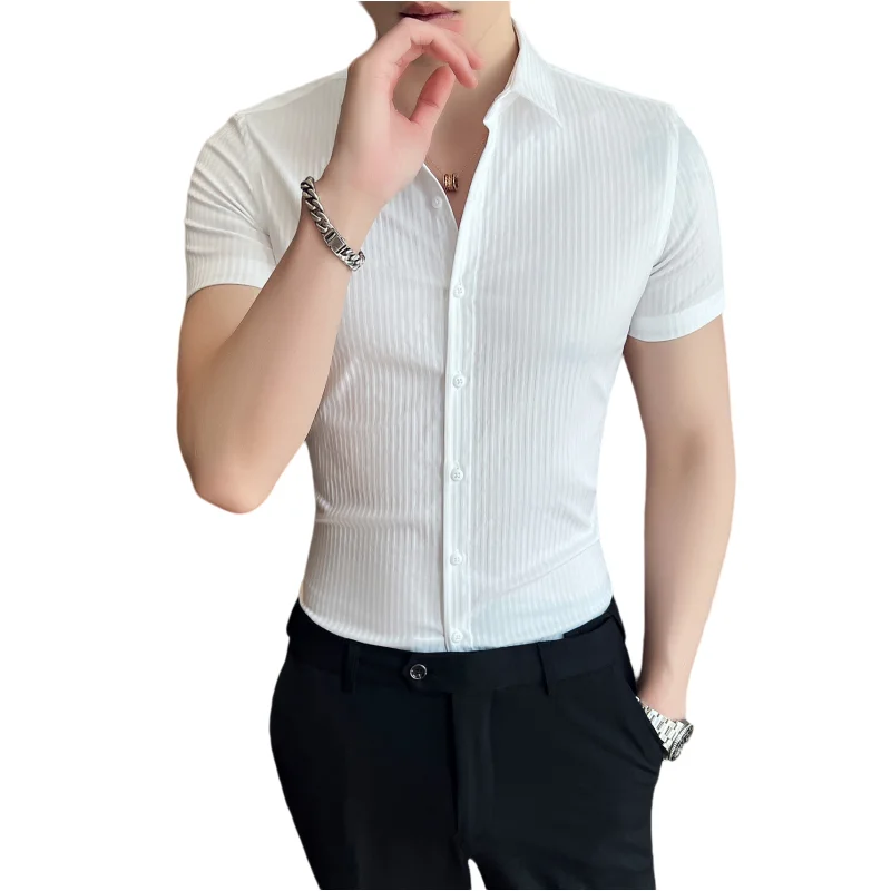 New Men\'s Fashion Gentleman Korean Version Business Stripes Slim-fit Wedding Casual Work Trend British Style Short-sleeved Shirt