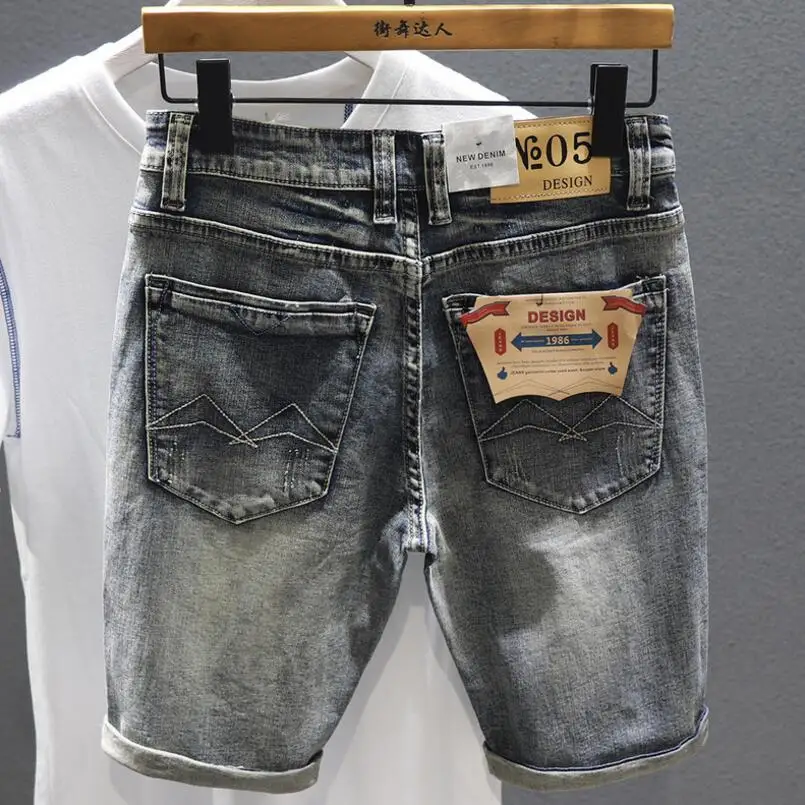 Men Gray Denim Shorts Holes Jeans Elastic Casual Shorts High Quality Male Stretch Cotton Denim Jeans Shorts Knee Length Jeans