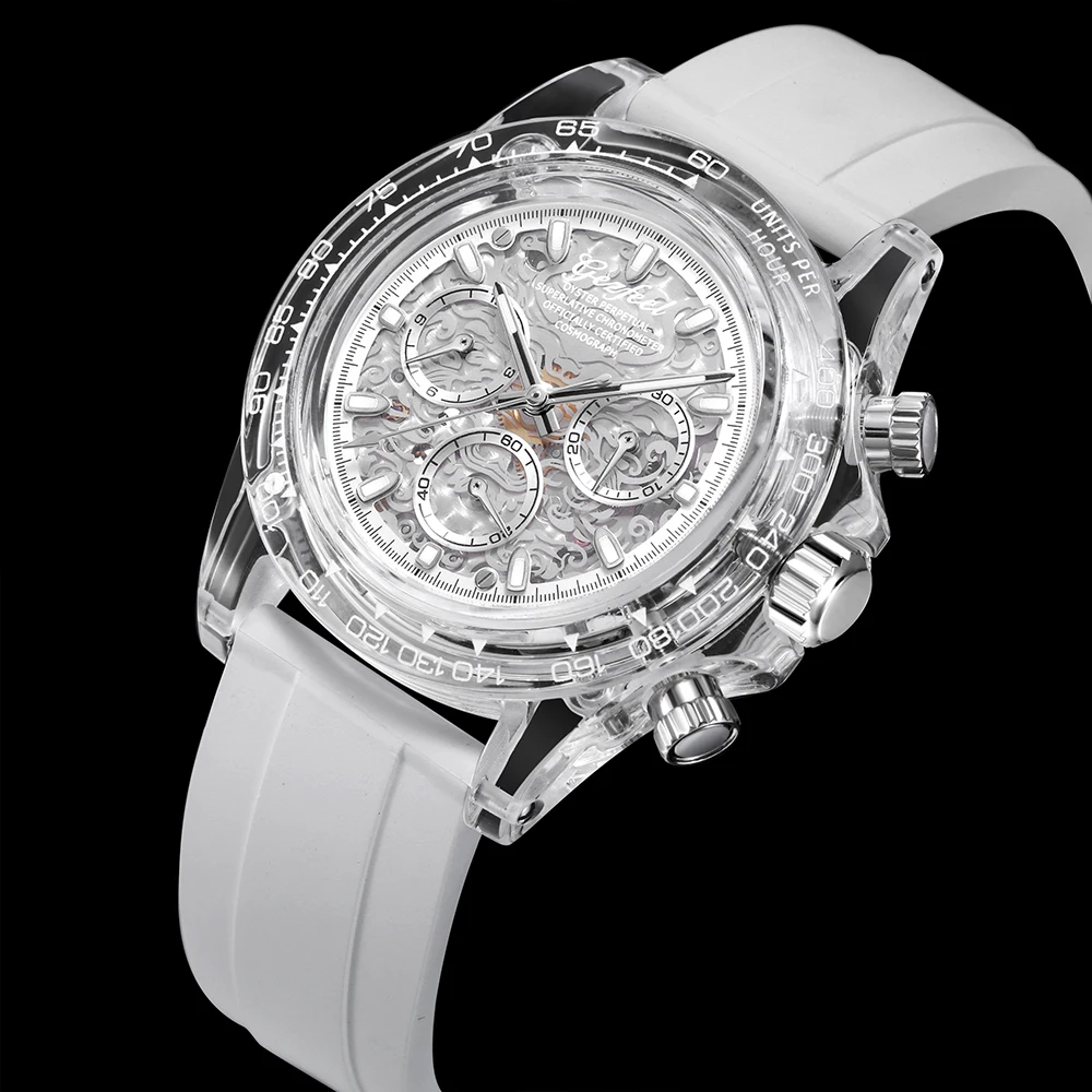 

Luxury Mont Home Sapphire Crystal Case Men's Mechanical Chronograph Skeleton Transparent Watch Automatic