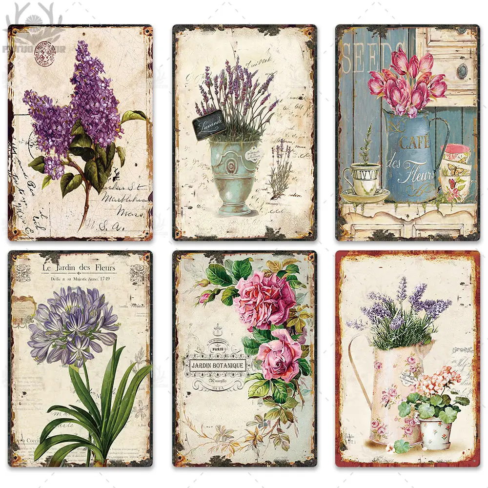 Flower Vintage Tin Sign Home Decor Retro Metal Sign Shabby Chic Wall Decor for Kitchen Living Room Dining Room Metal Plate