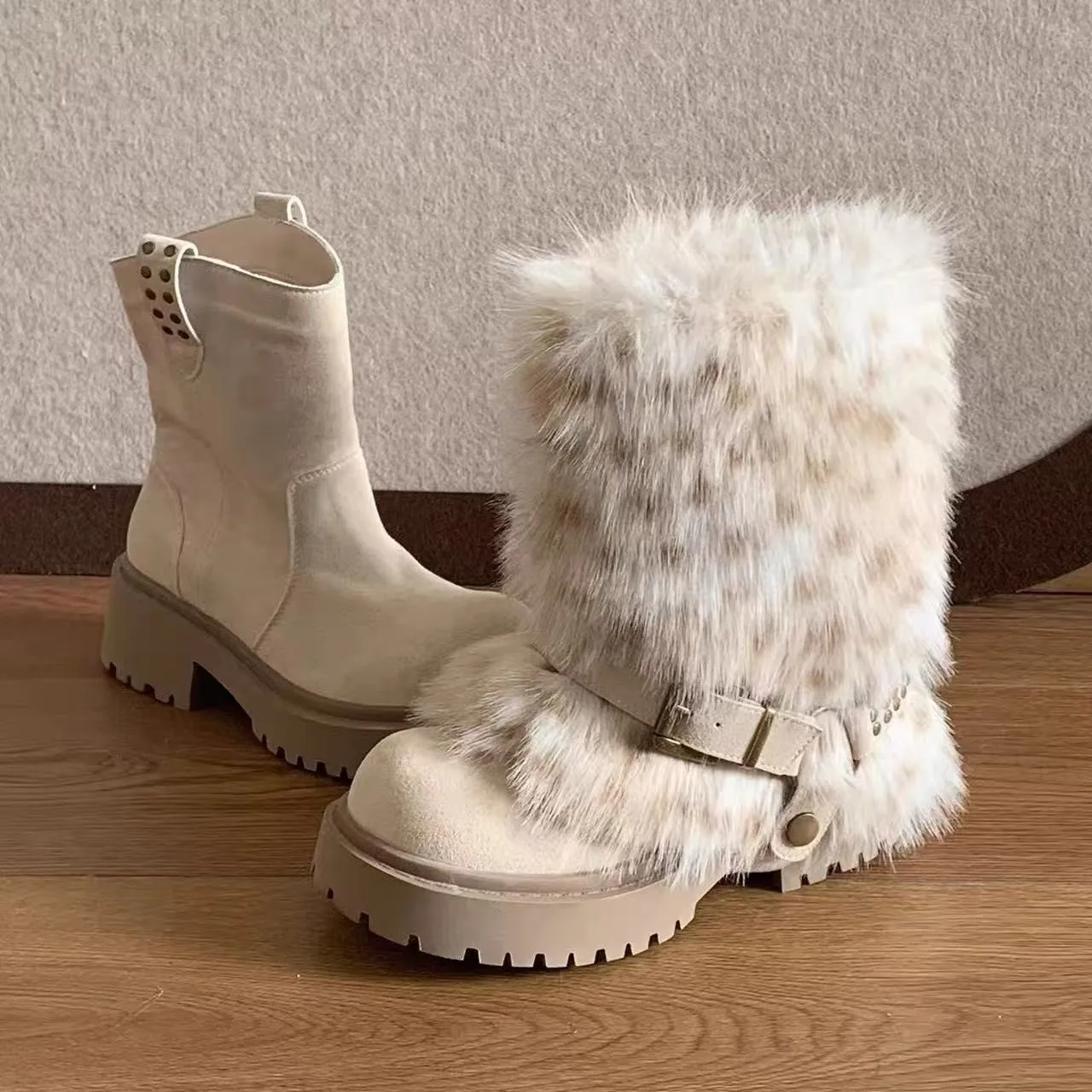

Fur Snow Boots Ankle Women's Mid Heels Fashion Shoes for Woman Trend 2025 Winter Boots New Brand Dress Ladies Boots