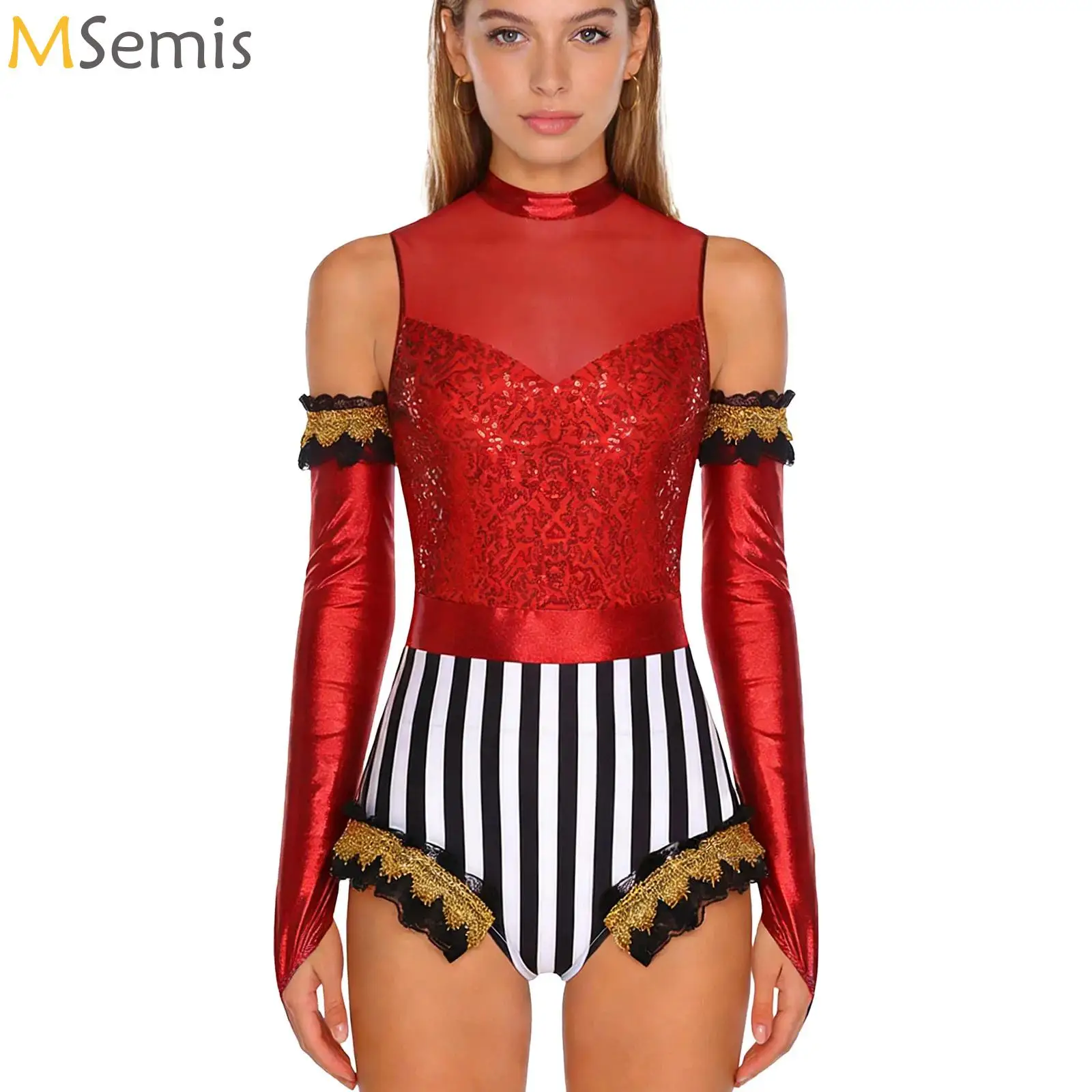 

Womens Sequins Ruffled Trim Leotard Circus Ringmaster Costume Jumpsuit +Gloves Cosplay Bodysuit Halloween Fancy Dress Up Clothes