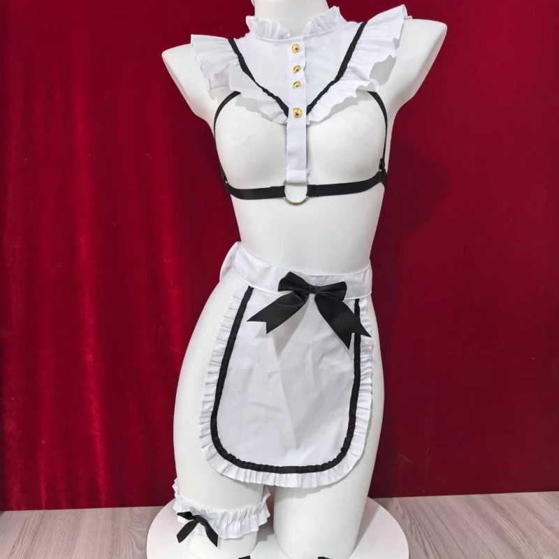 ชุดบอดี้สูทแบบมีเชือกผูกเอว ผ้ามันเงา ชุดเมด ชุดชั้นในซีทรู เซ็กซี่ ชุดจั๊มสูทอีโรติก ชุดคอสเพลย์สาวใช้สไตล์โลลิต้า