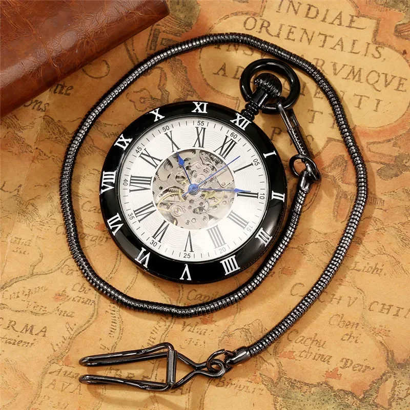 Luxury Open Face Pocket Watch Men Skeleton Automatic Mechanical Watches Roman Number Display Clock with Fob Pendant Chain Gift