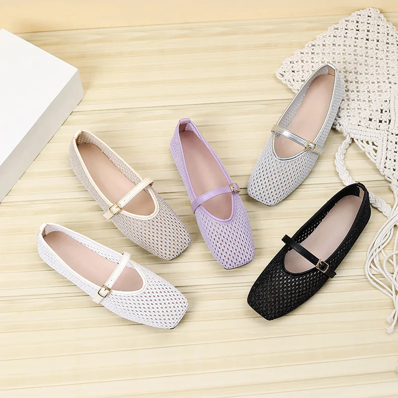 

Women's Shoes Summer Mesh Breathable Hollow Out Shoes French Style Square Head Shallow Mouth Single Shoes Women's Walking Flats