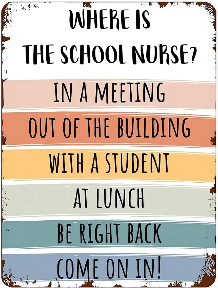 1p,JINHEQIAO School Nurse Door Sign - Where Is The School Nurse Office Decor, Art Metal Tin Sign 12X8 Inch Plaque