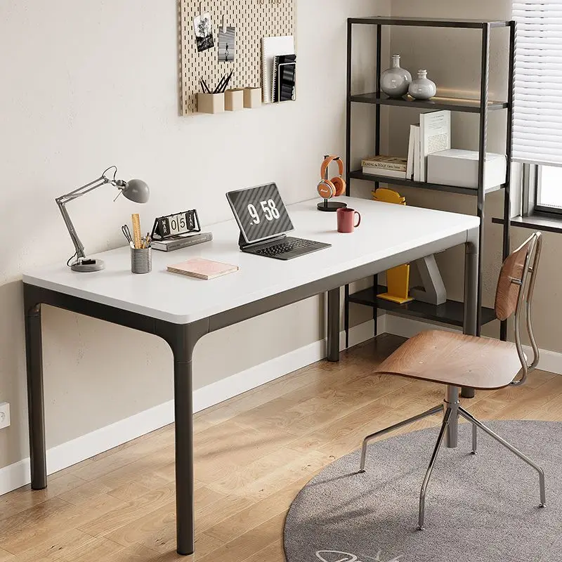 Modern White Computer Desk Spacious Desktop Sturdy Black Metal Frame Simple Style Home Office Writing Workstation
