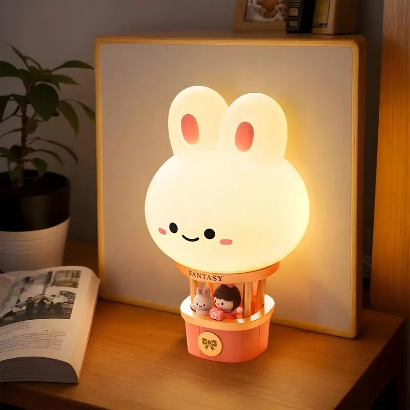 Cute Night Lamp Cartoon Bunny Hot Air Balloon Desk Night Light Tabletop Ornaments Home Novelty Lighting Animal Statue For Study