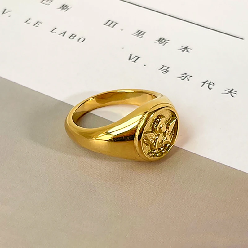 Angle Cupid Ring for Men Women Round Seal Gold Color Titanium Steel Accessories Vintage Charm Wedding Engagement Jewelry(GR295)