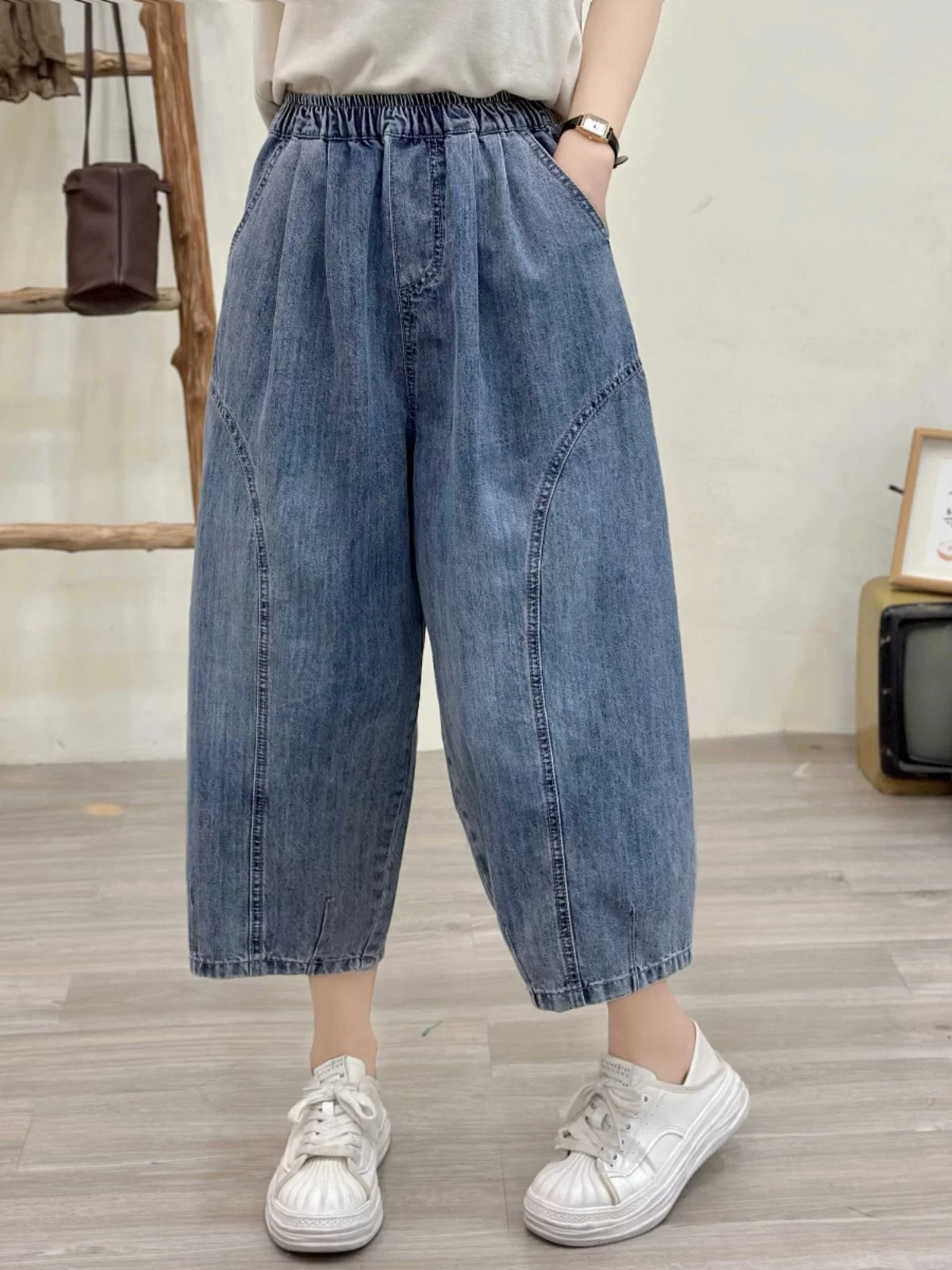 

Свободные летние джинсы с высокой талией, женские укороченные брюки с широкими штанинами и эластичной резинкой на талии, повседневные брюки с эффектом похудения