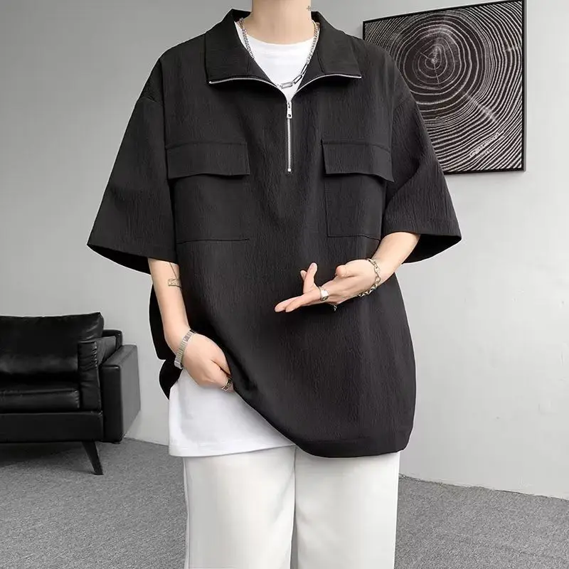 Summer Men Half Zip Shirt Short Sleeves Casual Classical Soft Lapel Medium Length Loose Comfortable Fashion Black White T-shirt