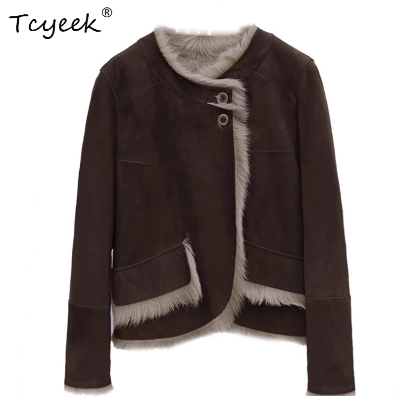 

Tcyeek Genuine Wool Autumn Winter High End Trendy Brown Coffee Short Casual Women's Wool Shearing Fur Coat Fourrures Femme