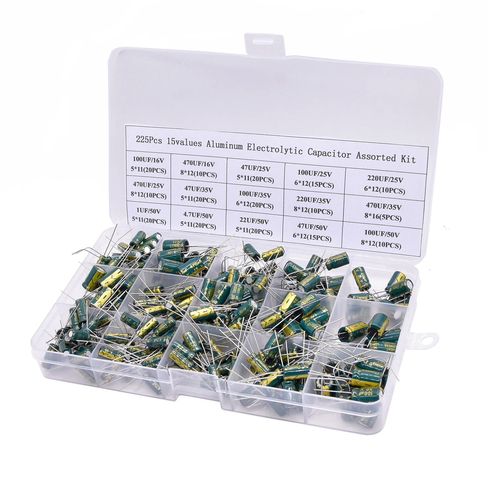 225 buah/kotak kapasitor Kit DIP aluminium Electrolytic kapasitor Set 15 nilai 16 v-50 V 1uF-470 Aneka macam 16 v-50 V Kit penyimpanan rendah