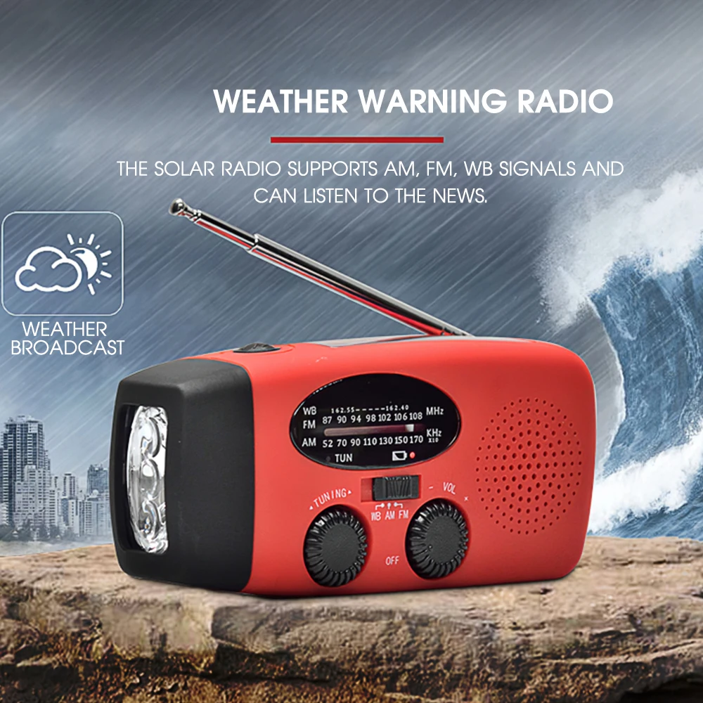 Multifunctional Radio Solar Hand Crank Dynamo Powered AM FM WB Weather Radio Portable Emergency Flashlight 600mAh Power Bank