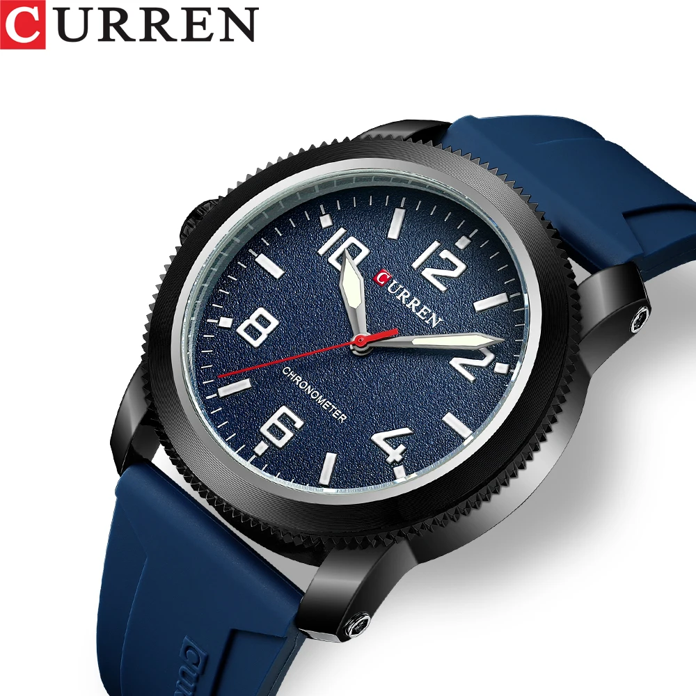 CURREN Sport Chronograph Quartz Watch for Men Fashion Blue Silicone Strap Dial Wristwatch with Date 3atm Waterproof