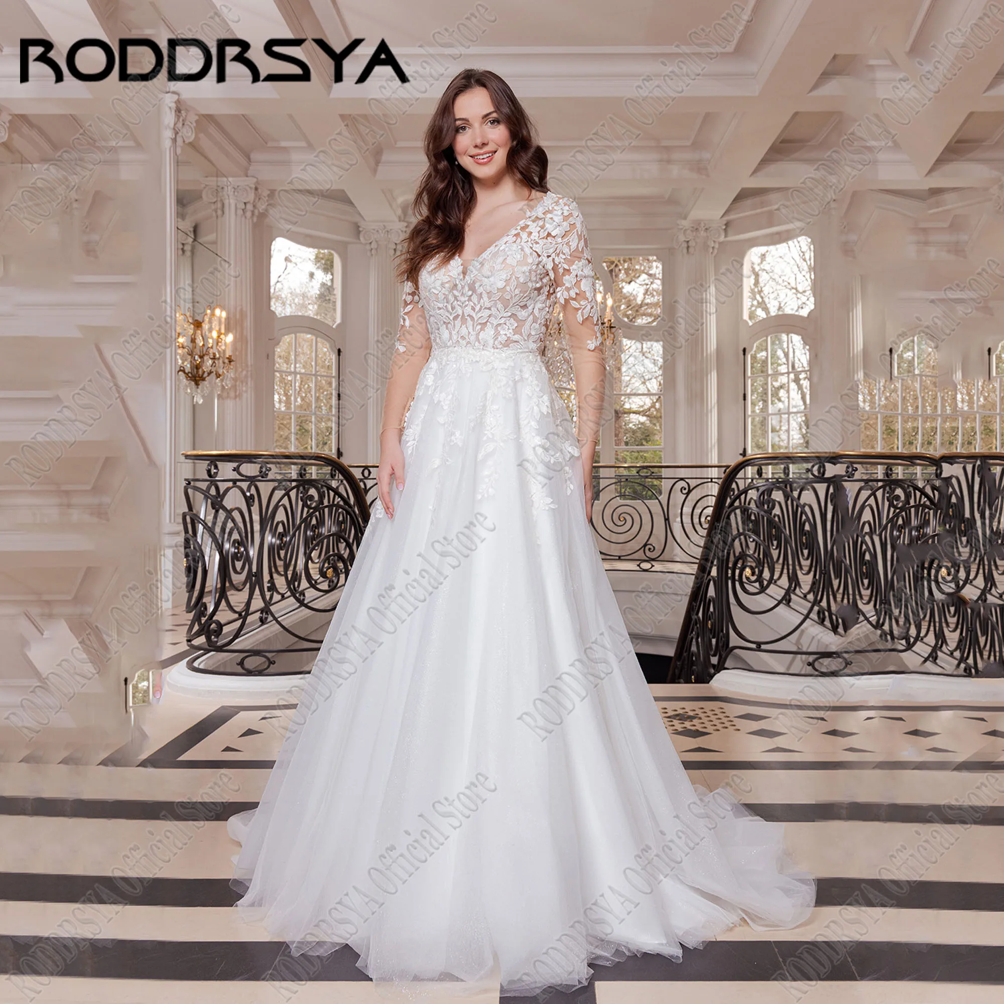 

RODDRSYA Sparkly Tulle Wedding Dress Full Sleeve Double V-Neck Applique Glitter Bride Gowns 2025 vestidos de novia Customized