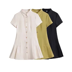 Women 2024 Summer New Fashion Short Sleeves Mini Dress Vintage  Button-up Female Dresses Vestidos Mujer