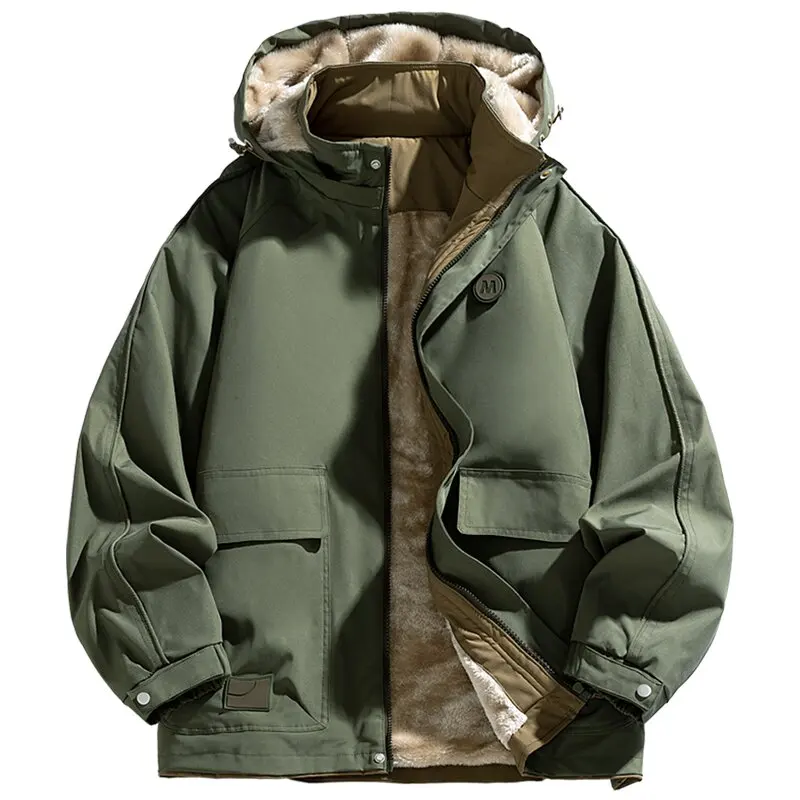 Winter New Fashion Trend With Thick Velvet Insulation Workwear Jacket For Men's Casual Loose Sports Windproof Hooded Jacket 8XL
