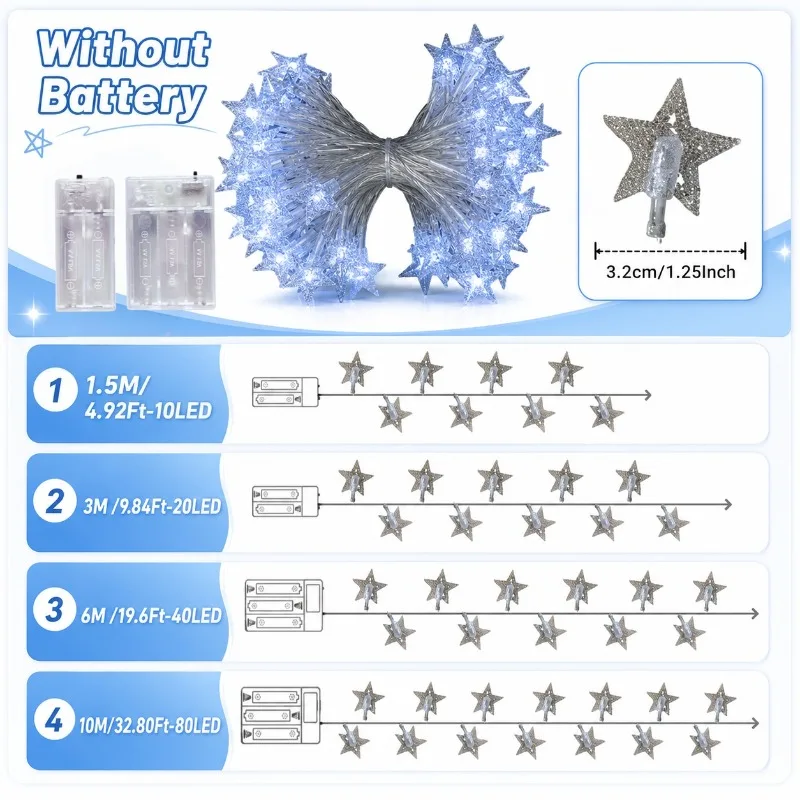 Portable Battery Powered Star Fairy Light String Warm White Colorful 10-80LED 1.5-10M Bedroom Festival Holiday Decoration Lamp