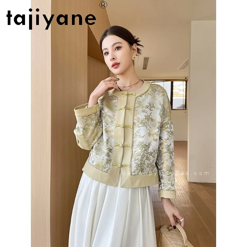 TAJIYANE Mulberry Silk Song Brocade Spliced Sheepskin Genuine Leather Jacket Women Outerwear Frog Buttons Leather Coat Chaqueta
