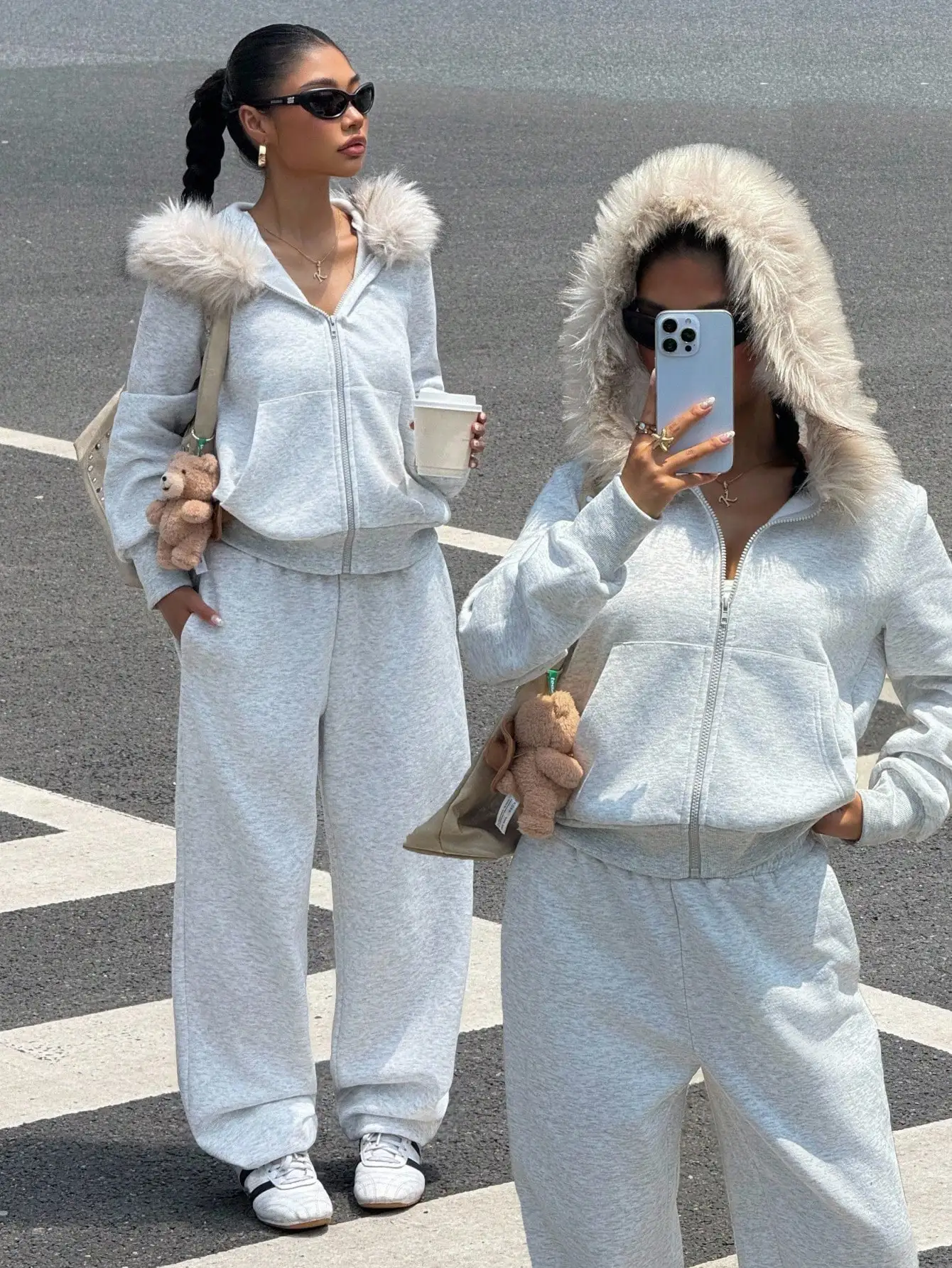 

Женский флисовый домашний комплект из 2 предметов: худи с плюшевой отделкой и широкие спортивные брюки