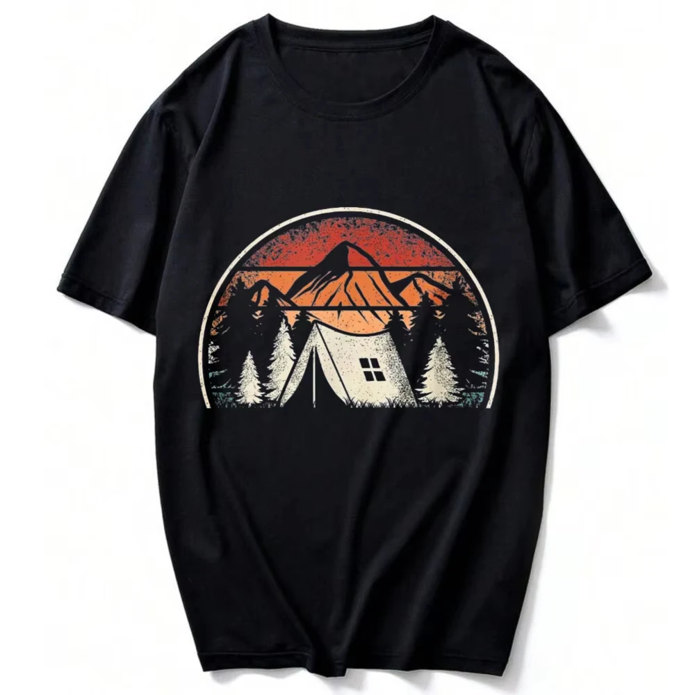 Retro Camping Outdoor Mountain Nature Camper Hiking Men Boys T-Shirt Fitness Enthusiast Daily Wear Gift Breathable Casual Tees