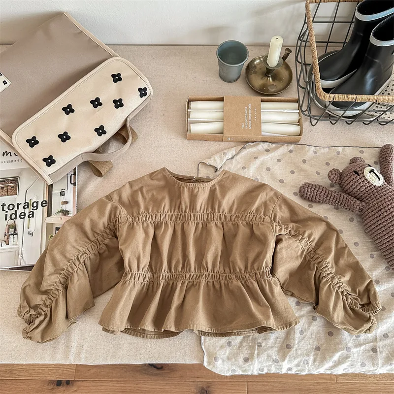 

Детская весенняя футболка с длинным рукавом в японском стиле 2026 года, для девочек, корейский фасон, рукава-летучая мышь, из стираного хлопка, широкая модель