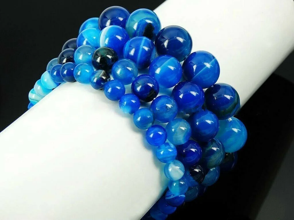 6/8/10/12mm Natural Blue Striped Agate Onyx Round Stretch Beads Bracelet 7.5