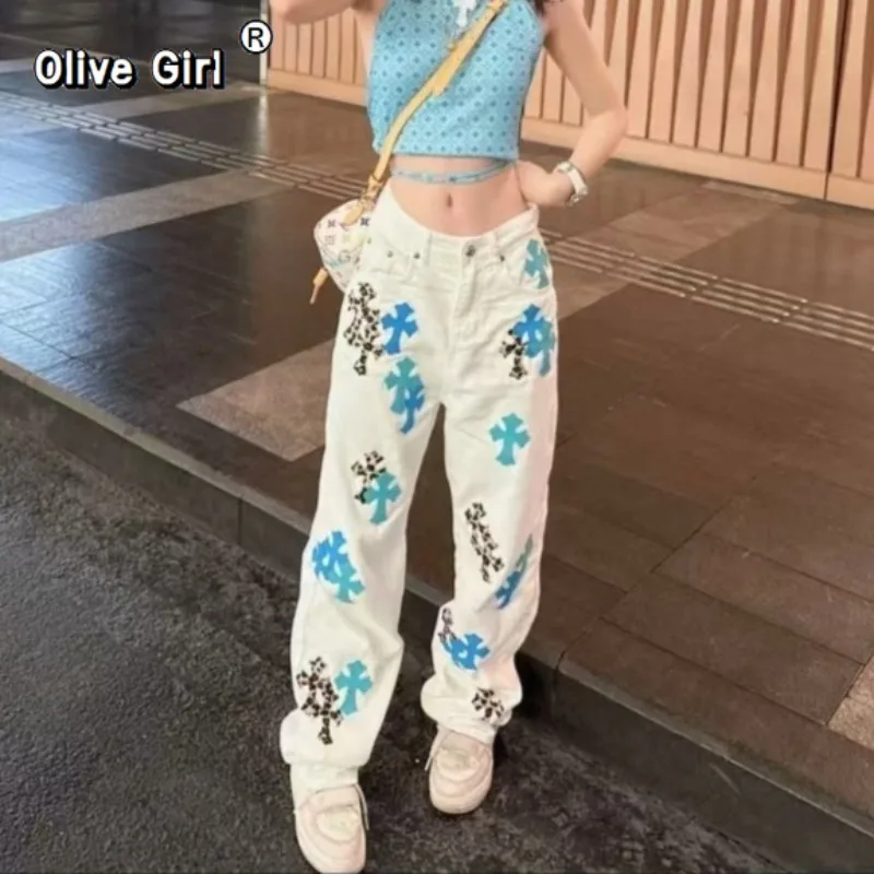 

Olivegirl Denim Jeans Kawaii Pant Leopard Print Split Leather Cross Trousers for Women Girl Y2k Cute Straight Leg Long Pants