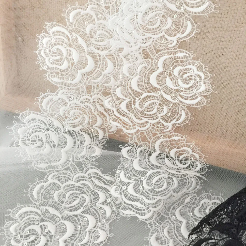 1Yard White Black Flower Squuins Lace Trim Fabric Handmade DIY Clothes Accessories 10CM Wide