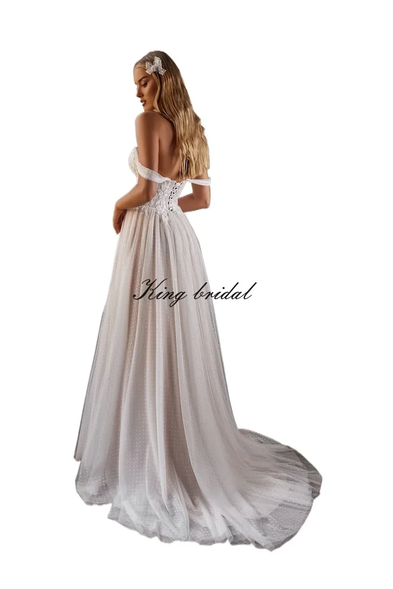 Vestido de noiva de tule, renda, amor, ombro de fora, espartilho, vestido de noiva com fenda, saia personalizada com fenda pontilhada