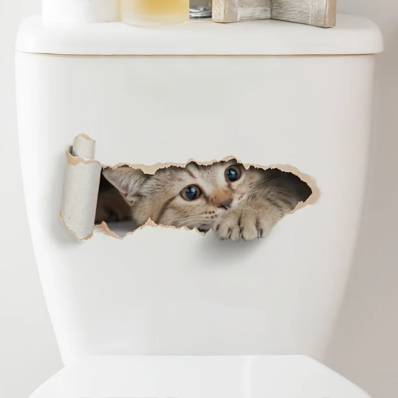 3D Visual Cat Toilet Seat Sticker,Cartoon Hole Breaking Kitten Sticker,2D Waterproof Bathroom Decal, Self-Adhesive Wall Decor