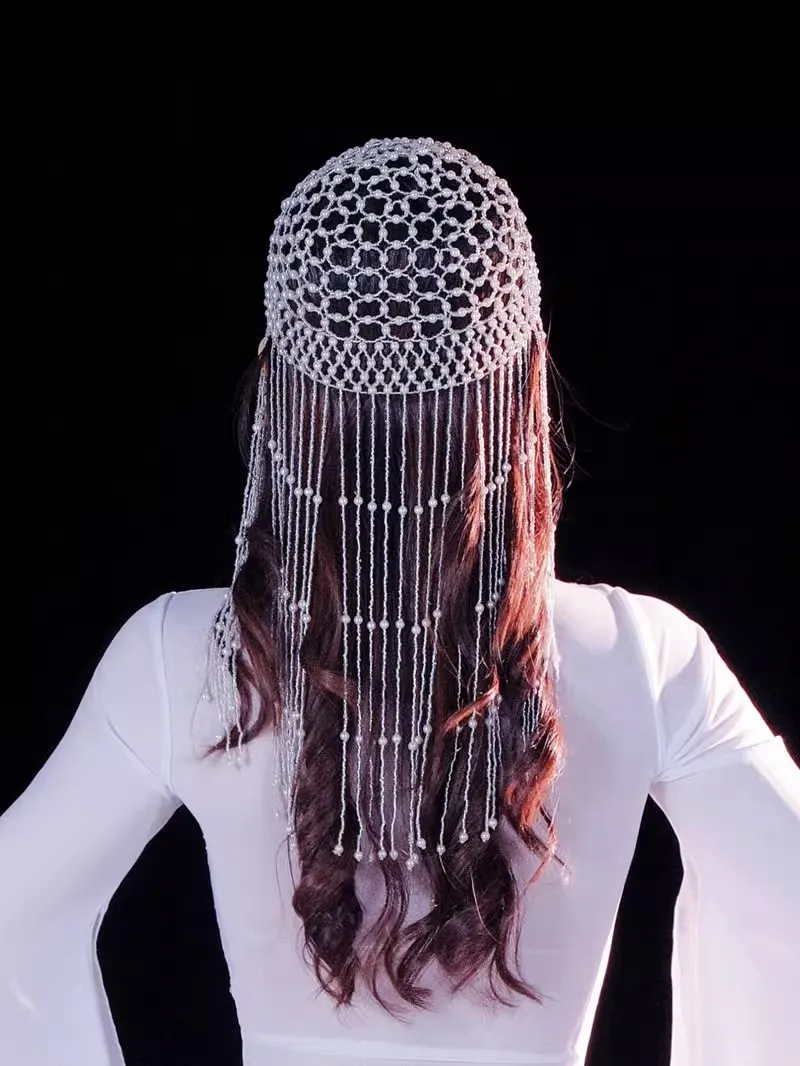 Accesorio de baile para mujer, joyería para la cabeza, gorro con cuentas, perlas tejidas a mano, adorno Retro, sombrero con dedos, tocado de novia