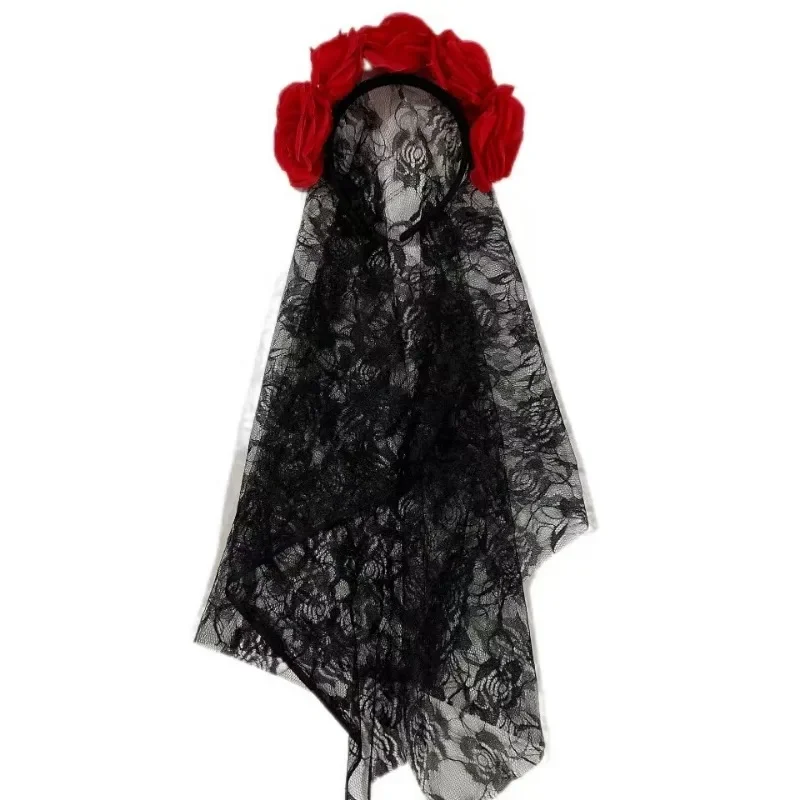 Black Veil Halloween Rose Flower Coroa, Fantasia Cosplay, Headband de casamento mexicano, Dia da Festa dos Mortos, 1Pc