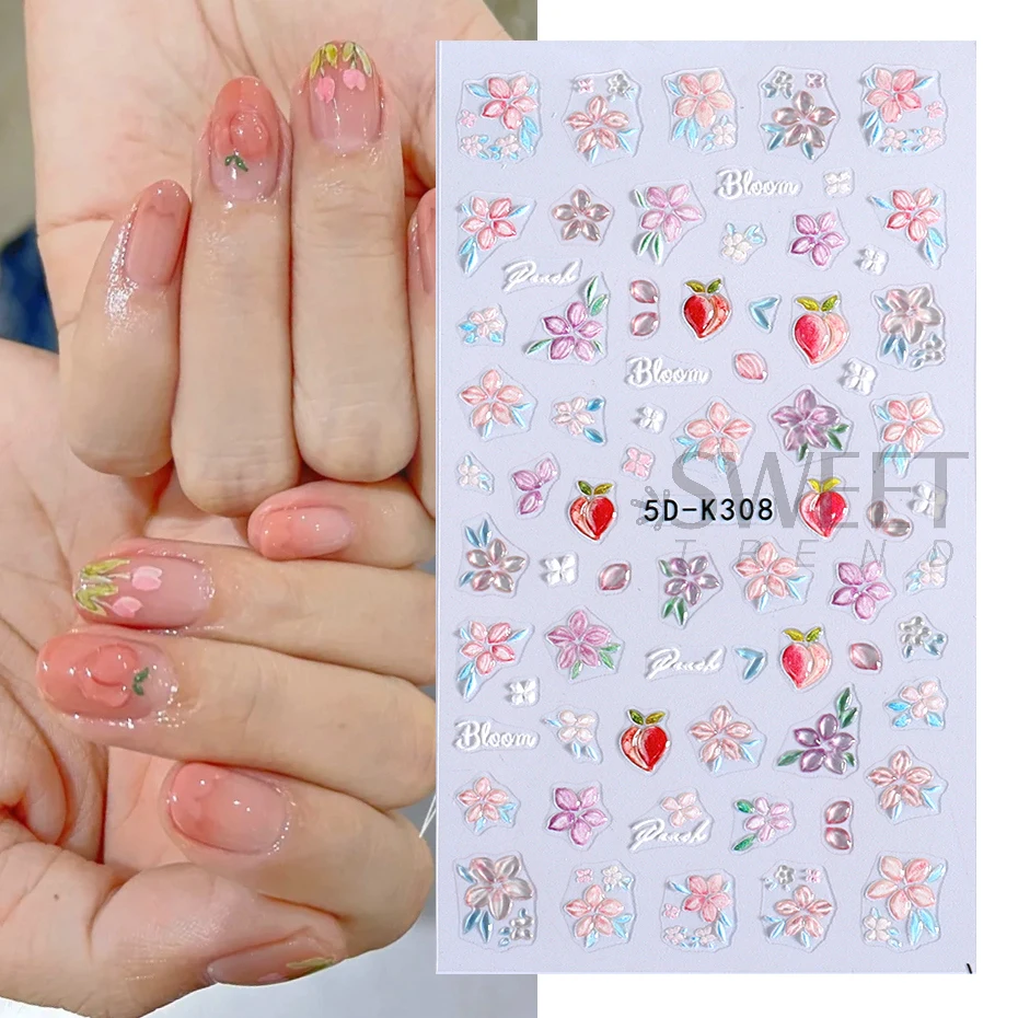 5D Spring Floral Embossed Nail Stickers Yellow Tulip Elegant Flowers Peach Adhesive Sliders Summer Simple Design Manicure Decals