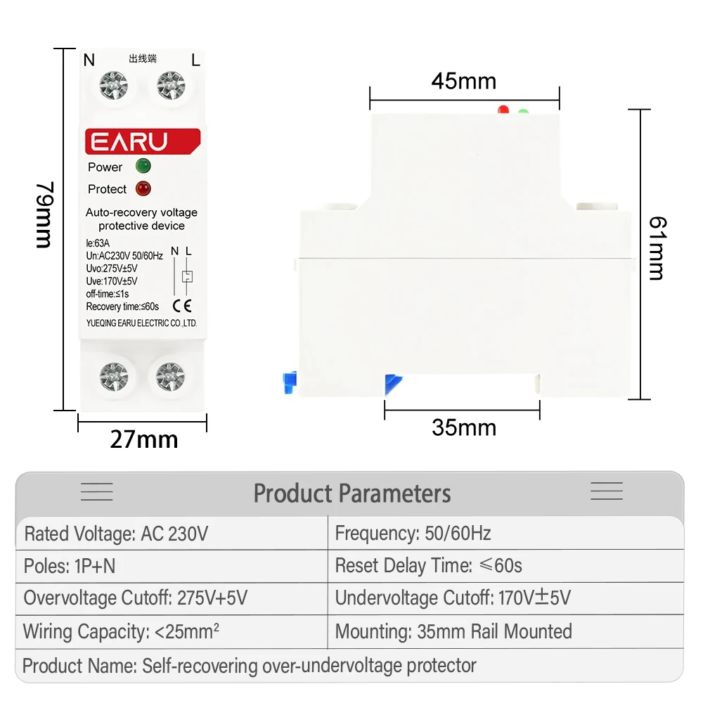 1P+N 27mm 63A 230V Din Rail Automatic Recovery Reconnect Over Voltage and Under Voltage Protective Device Protection Relay