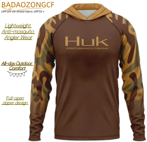 Camisetas de pesca para hombre HUK con protección solar UPF 50+, sudadera con capucha y camiseta de pesca todo en uno, ropa de pesca para actividades al aire libre.