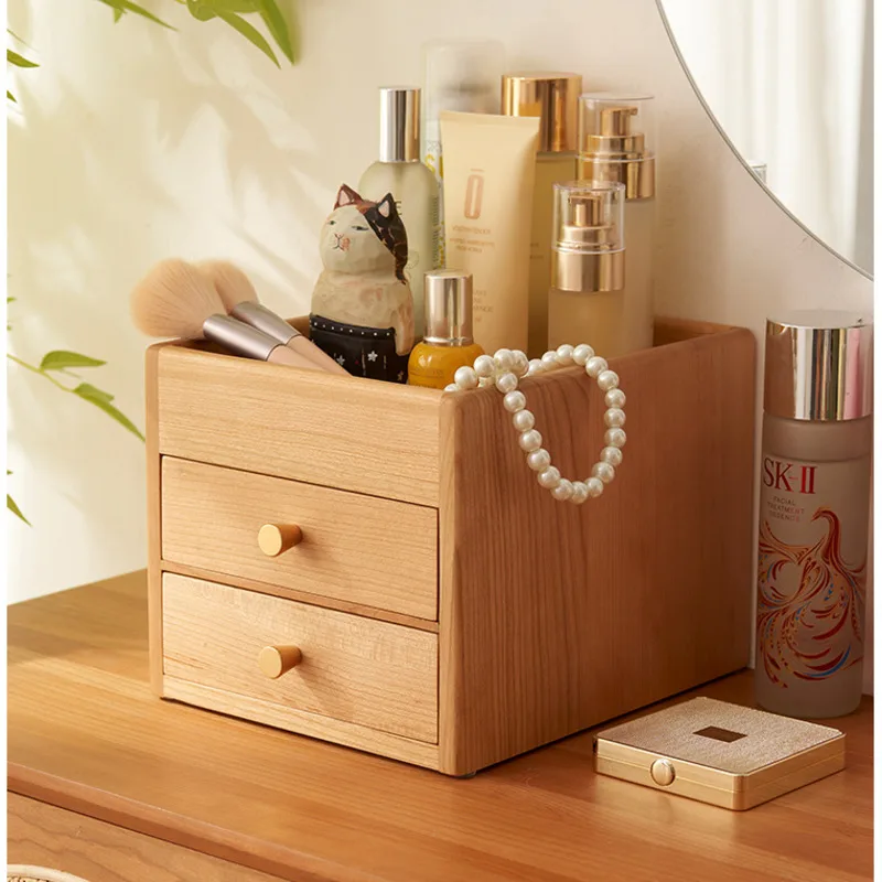 Three-Layer Partitioned Storage Cabinet Solid Wood Makeup Organizer, Drawer Design, Jewelry Box, Multifunctional Coffee Cup Rack