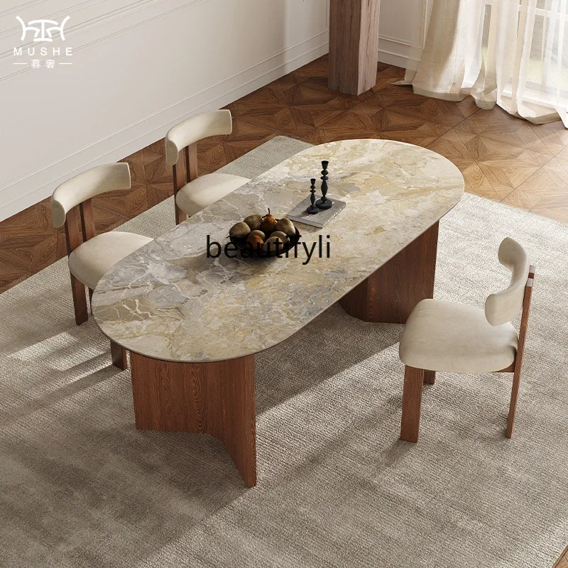 French retro solid wood rock slab dining table and chair combination simple oval designer dining table