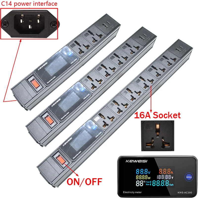 Power Strip Power Energy Volt Watt Kwh Meter Switch USB+Type-C2/3/4/5/6/7/8/9 Universal Socket Extension C14 interface