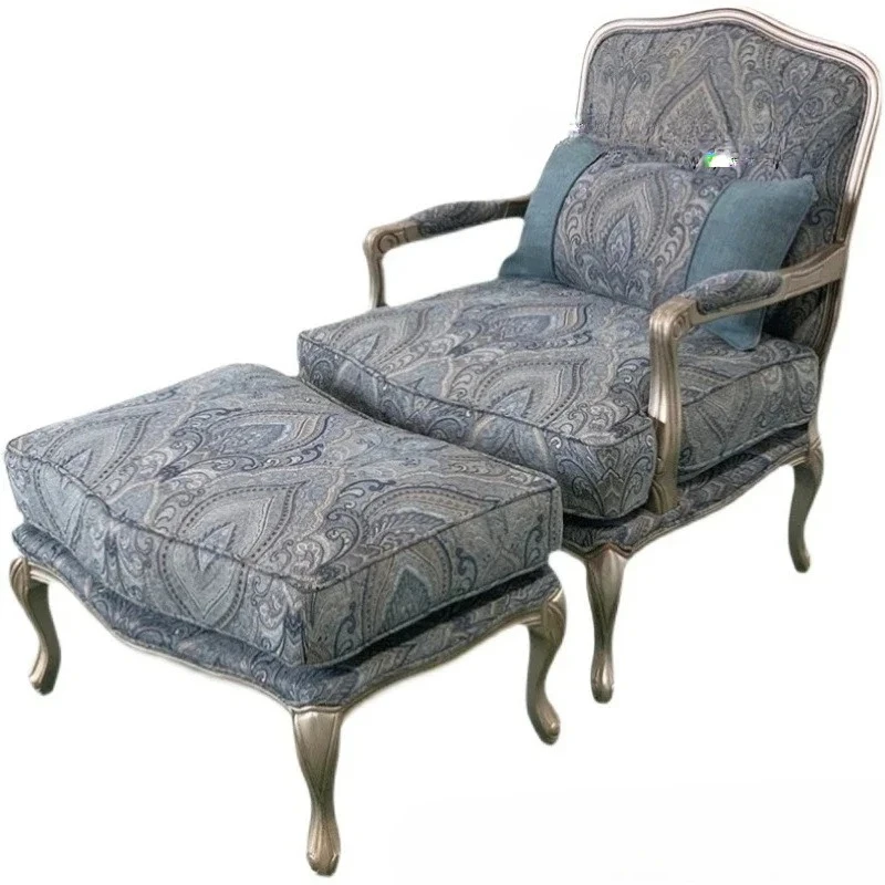 

American light luxury single sofa pure cotton printed fabric villa living room sofa chair solid wood pedals