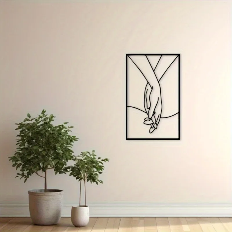 2D Minimalist Black Sculpture for Gallery Wall & Valentine's Decor Intertwined Hands Metal Wall Art with Floral Design
