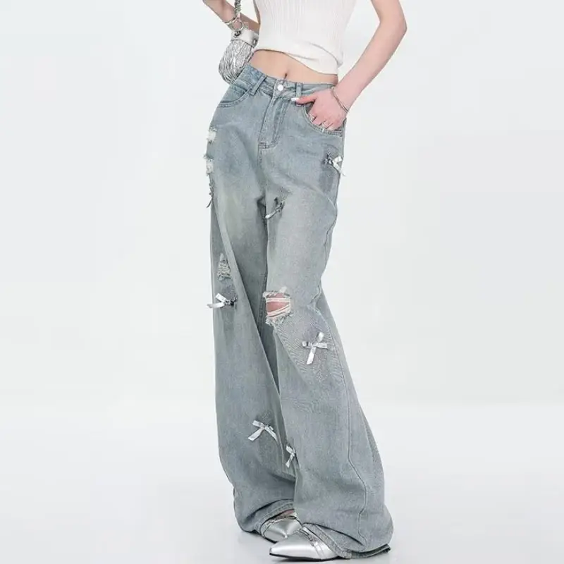 Strik Gescheurde Jeans Voor Vrouwen Hoge Taille Rechte Broek Losse Wijde Spijkerbroek Vintage Y 2K Kleding Trendy Grote Maat